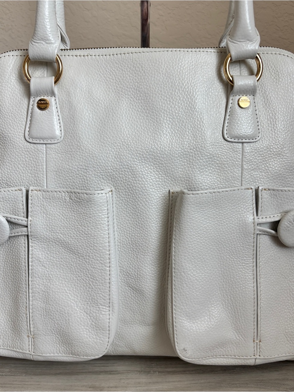 BODHI White Soft Pebbled Leather Tote Bag Large Shoulder Satchel Gold Hardware - Picture 3 of 11